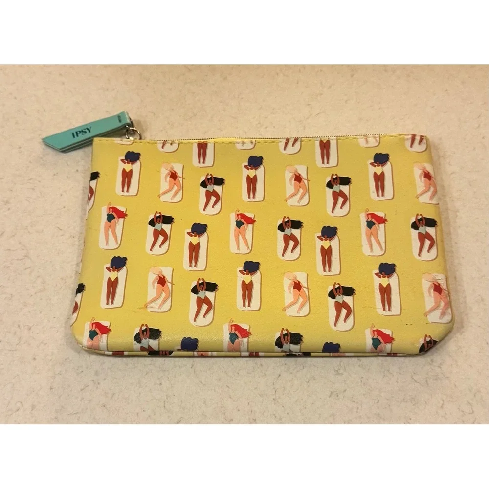 IPSY Yellow Bikini Babe Zipper Pouch Cosmetic Makeup Bag Faux Leather‎